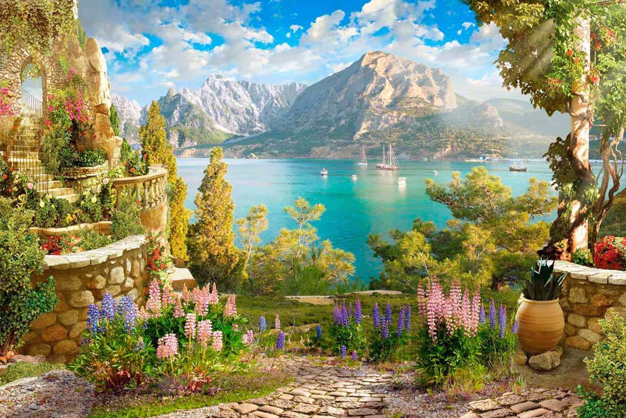 Фотообои Пейзаж цветущая поляна с видом на горное озеро